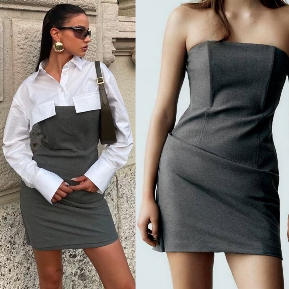 NEW Zara Strapless Bustier Style Gray Mini Dress, Size L
